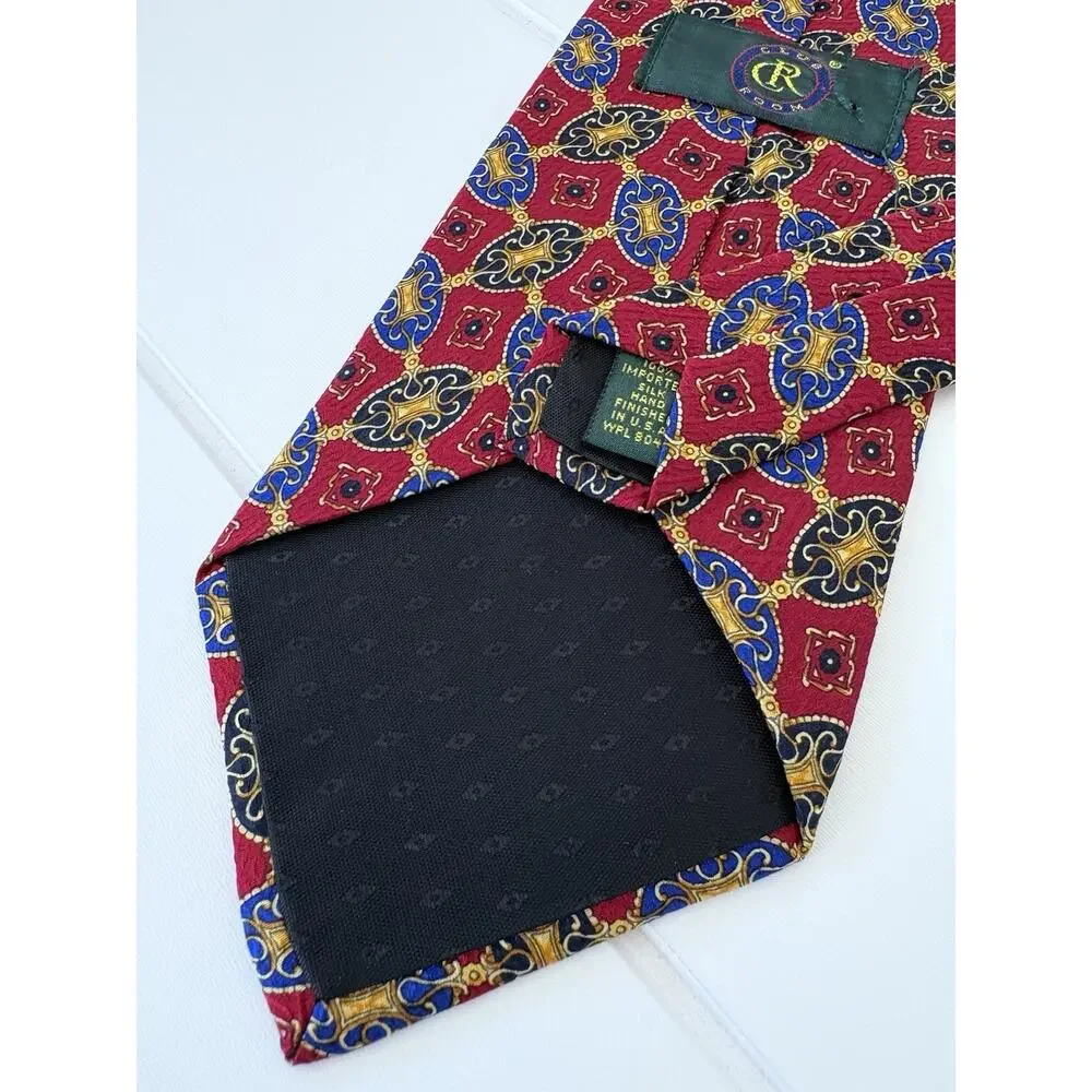 Vintage Club Room Silk Tie Red Blue Gold Medallion Print USA 3.75